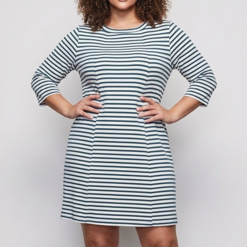 Emma & Michele Dress Women 3X Green Cream Striped Ribbed Back Cutout Plus Preppy